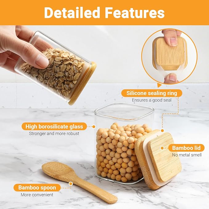 Square Glass Storage Jars, 2 Pack 6 Fl.oz Glass Jars with Bamboo Lids, Clear Spice Canister Stackable Sugar Coffee Containers for Candy Loose Tea Oats - Set Included Labels, Spoon and Marker