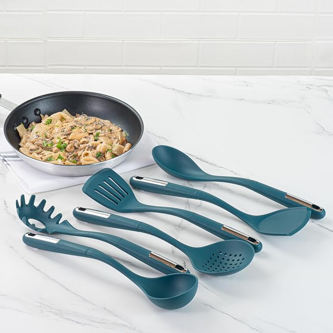 Restaurantware Silicone Utensil Set Pack of 1 Non-Slip Handle 6-Piece Kitchen Tool Set, Heat-Resistant Dishwasher-Friendly Cooking Accessories, Durable Teal Cooking Utensils