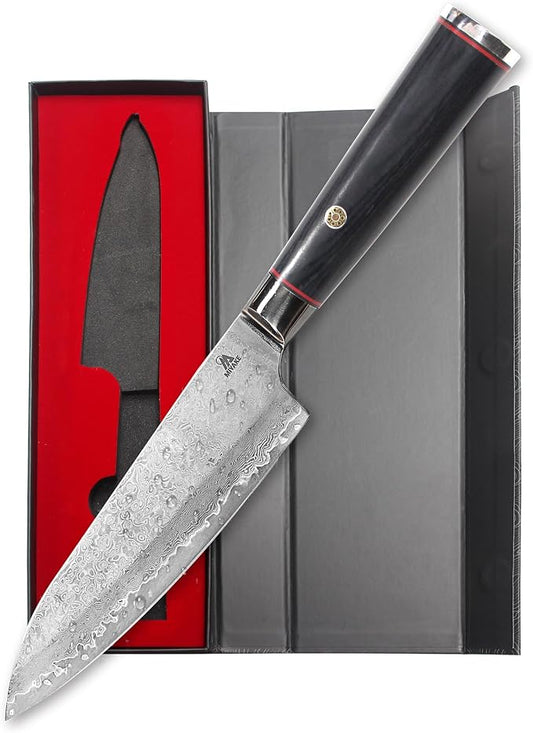 Miyake 7.5" Japanese Gyuto Chef Knife, 9Cr18MoV Stainless Steel Sharp Kitchen Knife with G10 & Pakkawood Handle, Damascus Finish, Gift Box Included