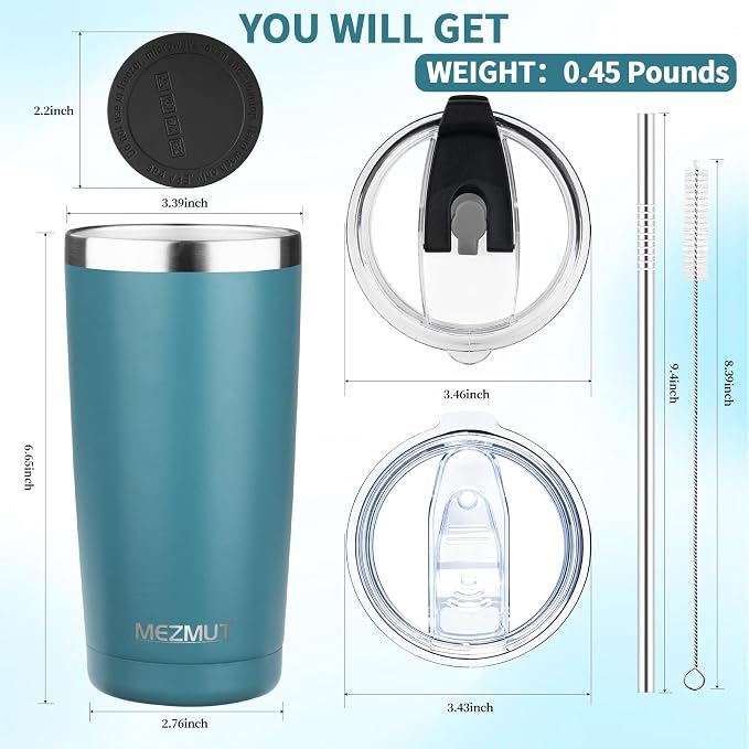 MEZMUT 20oz Tumbler Coffee Travel Mug with Daul Lid and Straw, Stainless Steel Double Wall Vacuum Spill Proof Insulated Tumbler, Hot or Iced Coffee Cups for Drinks (1Pack, Maya Blue)