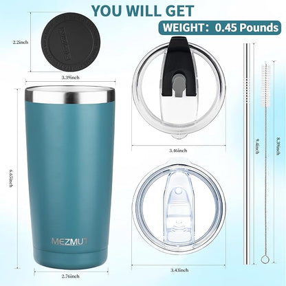 MEZMUT 20oz Tumbler Coffee Travel Mug with Daul Lid and Straw, Stainless Steel Double Wall Vacuum Spill Proof Insulated Tumbler, Hot or Iced Coffee Cups for Drinks (1Pack, Maya Blue)