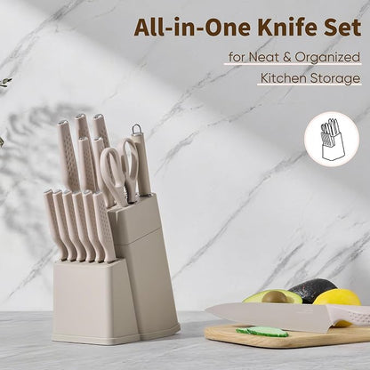 E-far Knife Set, 15-Piece Kitchen Knife Block Set with Sharpener, High Carbon Steel Chef Paring Steak Knives with Ergonomic Non-Slip Handle, Anti-Rust & Razor Sharp, Khaki