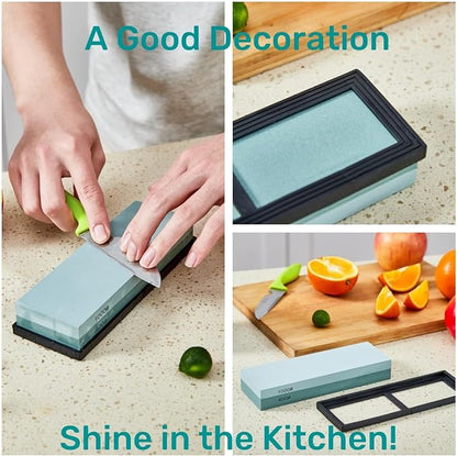 HiramWare Knife Sharpening Stone with Non-slip Rubber Base, 400/1000 Grit Premium Whetstone, Double-Sided Knife Sharpener for Kitchen, Waterstone for Honing Blades Manually