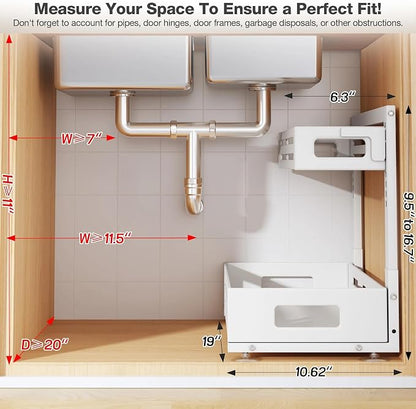 2 Pack 19IN-Depth Under Sink Organizer,Pull Out Cabinet Organizer With Smooth Cylindrical Rail,Metal Slide Out Drawer for Kitchen Bathroom Laundry,8-Level Tool Free Height Adjustable-White
