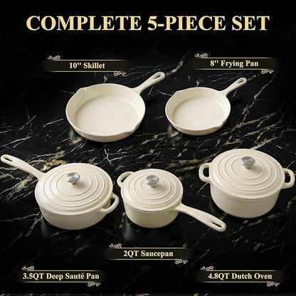 QuliMetal Nonstick Enameled Cast Iron Cookware Set, 5-Piece Pots and Pans Set with Lids, Skillet, Frying Pan, Saucepan & Dutch Oven for All Stovetops, PFOA Free, Ideal for Sourdough Bread Baking