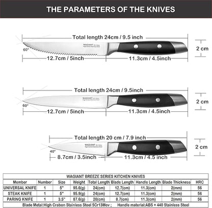 3-Piece Kitchen Knife Set,Fruit Knife Set,Precision Forged High-Carbon Stainless Steel, Black Ergonomic Handle, 3.5" & 5" Straight & Serrated Edge