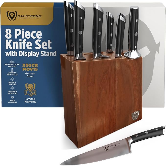 Dalstrong 8-Piece Knife Block Set — German High-Carbon Steel, Full-Tang, Hand-Polished 14–16° Edge — Gladiator Series For First Real Kitchens, New Homeowners & Apartment Cooks — Acacia Block, NSF