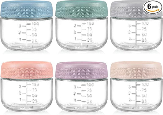 NETANY 6 Pack 4 oz Glass Baby jars with Airtight Lids, Glass Baby Food Storage Containers,Overnight Oats Containers with Lids | Microwave, Dishwasher & Freezer Safe | Includes 10 Labels