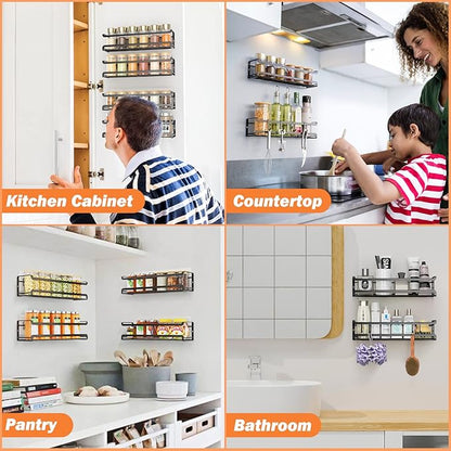 Bunoxea Spice Rack Wall Mounted 4 Pack, Black,For Spice Jars & Seasonings | 4 Removalble Hooks,Screw or Adhesive Hanging, Space-Saving,For Kitchen Cabinet, Pantry Door,Stove,RV Use,11.41x2.75x2.75in