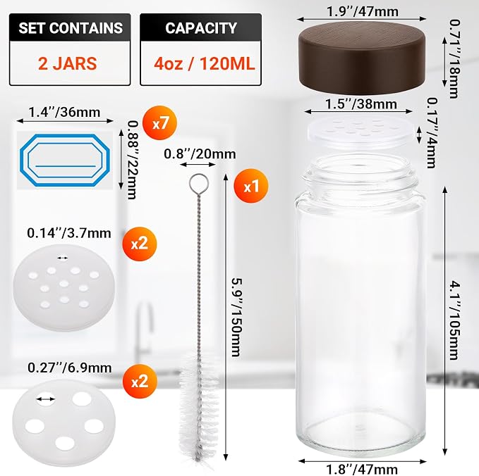 Segarty 4oz Spice Jar with Shaker Lids, 2 Pack 120ml Round Jars with Wood Lids, Clear Empty Seasoning Containers Cereal Cabinet Organization Storage Set, Glass Spice Bottle with 7 Stickers, 1 Brush