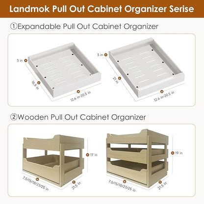1 Pack Expandable Pull Out Cabinet Organizer 16.5" Deep, Adjustable Width 12.6"-20.5", No Drill Adhesive with Triple Track Rails, Heavy Duty Slide Out Drawers for Kitchen,Pantry,Cabinets,White