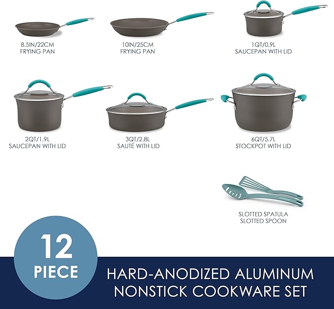 Rachael Ray Cucina Dishwasher-Safe Hard-Anodized Pots and Pans Set Non Stick Cookware, 12 Piece, Gray with Agave Blue Handles