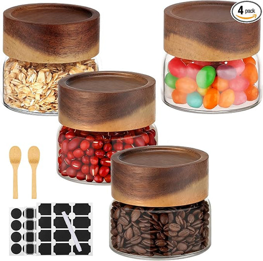 Glass Jars with Airtight Lid, 4 Pack 3oz 80ml Spice Jars with Wooden Lids, Screw Top Covers Glass Coffee Canisters, Small Storage Containers for Sugar, Loose Tea, Beans, Nuts, Candy, Sauce