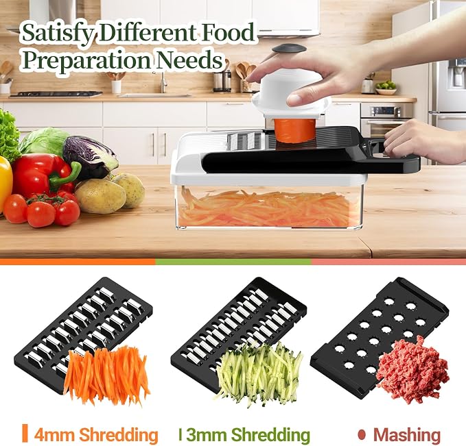 StoreHappily 12-in-1 Vegetable Chopper, 7 Blades Veggie Chopper with Container and Lid, Dicer, Slicer, Multifunctional Kitchen Gadgets, Vegetable Cutter with Handle, Onion Cutter(Black/White)