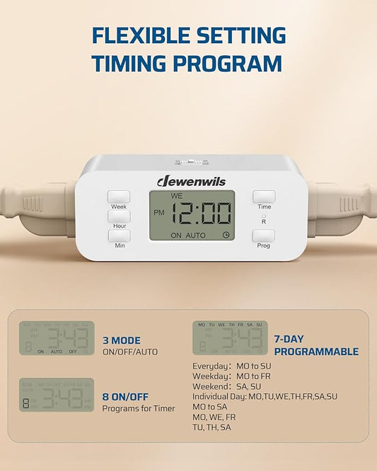 DEWENWILS 7 Day Heavy Duty Timers for Electrical Outlets, 2 Pack Dual Outlet Digital Timer, 3 Prong Programmable Light Timer for Indoor Lamp, Light, Fan, Pets, Home, Kitchen, Office, 125V 60Hz