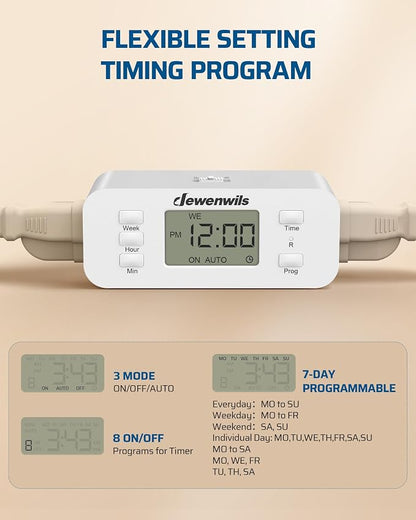 DEWENWILS 7 Day Heavy Duty Timers for Electrical Outlets, Dual Outlet Digital Timer, 3 Prong Programmable Light Timer for Indoor Lamp, Light, Fan, Pets, Home, Kitchen, Office, 125V 60Hz, 1 Pack