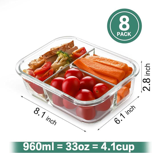 HOMBERKING 8 Pack Glass Meal Prep Containers 3 Compartment, 33oz Glass Food Storage Containers with Lids, Airtight Lunch Bento Boxes, BPA-Free & Leak Proof (Set of 8) - White