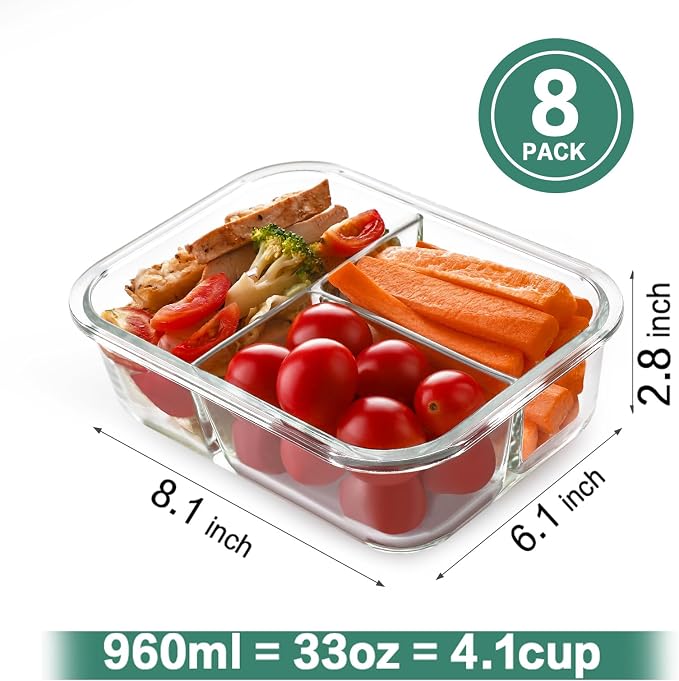 HOMBERKING 8 Pack Glass Meal Prep Containers 3 Compartment, 36oz Glass Food Storage Containers with Lids, Airtight Lunch Bento Boxes, Leak Proof (8 lids & 8 Container) - Light White