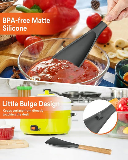 Cooking Spoon for Nonstick Cookwares, Great for Cooking and Serving Sturdy BPA-Free Matte Silicone, Wood Handle Spoon for Mixing, Scoop, and Scrape (GREY, 13.4 inch)