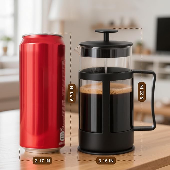 Chiallco Mini French Press Coffee Maker, Heat Resistant Thickened Borosilicate Classic Glass Stainless Steel Coffee Press, 12OZ Heat Cold Brew Coffee Pot Tea Press for Kitchen Travel Camping，Black