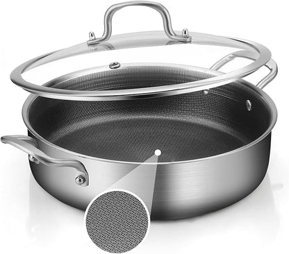 YEKSUM Tri-Ply Stainless Steel 6 Quarts Saute Pan, 12 Inch Nonstick Skillet with lids, Hybird Large Frying Pan,18/10 Chef's Cooking Pan, Induction Pan 12"", Dishwasher and Oven Safe, Silver
