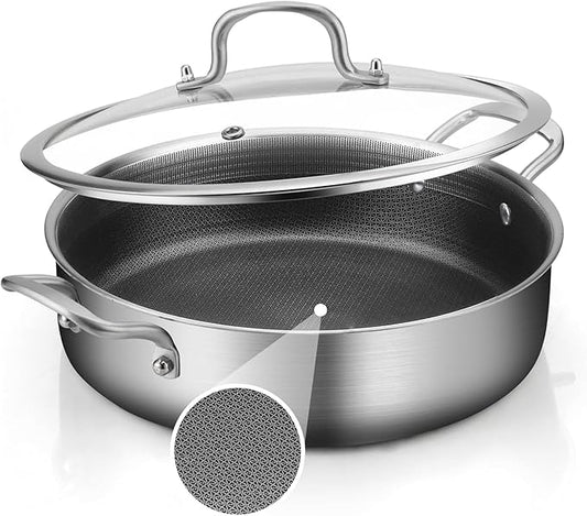 YEKSUM Tri-Ply Stainless Steel 6 Quarts Saute Pan, 12 Inch Nonstick Skillet with lids, Hybird Large Frying Pan,18/10 Chef's Cooking Pan, Induction Pan 12"", Dishwasher and Oven Safe, Silver
