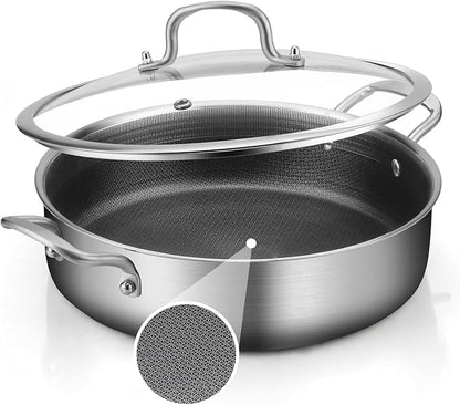 Yeksum Tri-Ply Stainless Steel 5 Quarts Saute Pan, 12.5 Inch Nonstick Skillet with lids, Hybird Large Frying Pan,18/10 Chef's Cooking Pan, Induction Pan, Dishwasher and Oven Safe