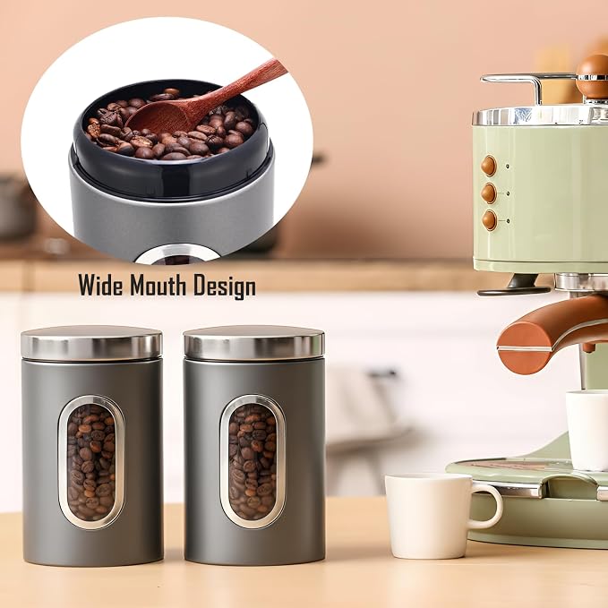 Zopeal 6 Pack Graphite Canisters Sets for Kitchen 50oz Stainless Steel Kitchen Canisters with Transparent Windows Flour Sugar Container Metal Jar Countertop Set for Coffee Tea Decorative