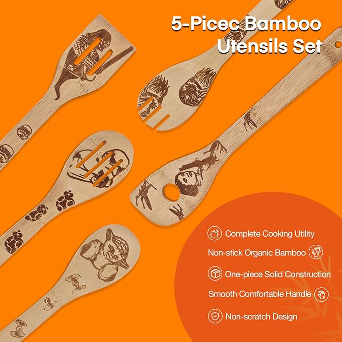 Star Warz Wooden Cooking Utensils Set,5-Piece Wooden Spoons and Spatulas for Cooking, Heat Resistant Kitchen Tools for Nonstick Cookware, Space Fans