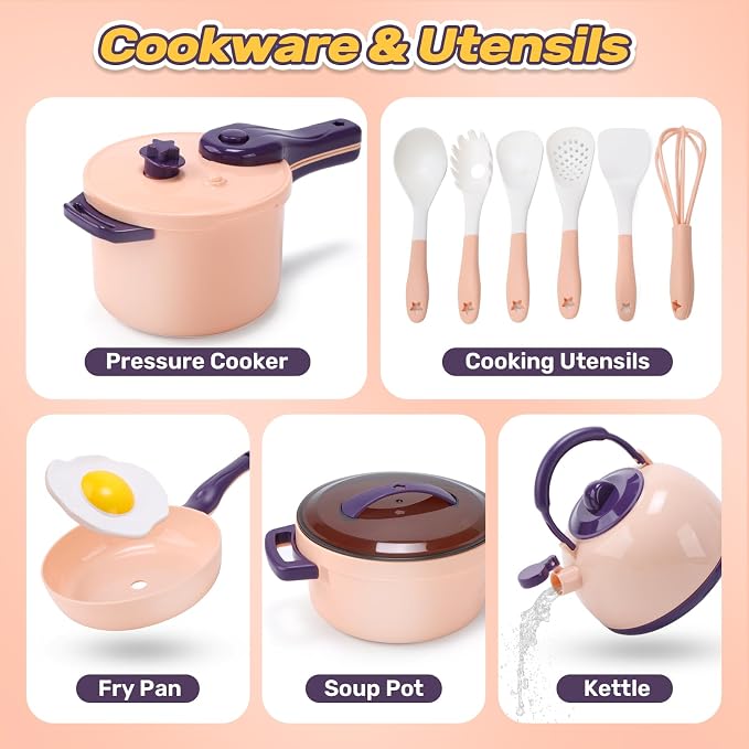 CUTE STONE Kids Kitchen Accessories, Toy Pots & Pans Set with Sound & Light Induction Cooktop, Cuttable & Peelable Play Food, Play Cookware, Educational Role Play Gift for Toddlers & Kids Ages 3+
