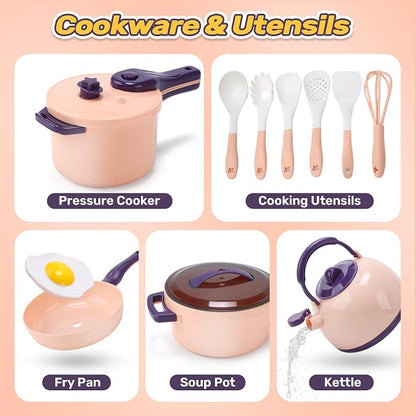 CUTE STONE Kids Kitchen Accessories, Toy Pots & Pans Set with Sound & Light Induction Cooktop, Cuttable & Peelable Play Food, Play Cookware, Educational Role Play Gift for Toddlers & Kids Ages 3+