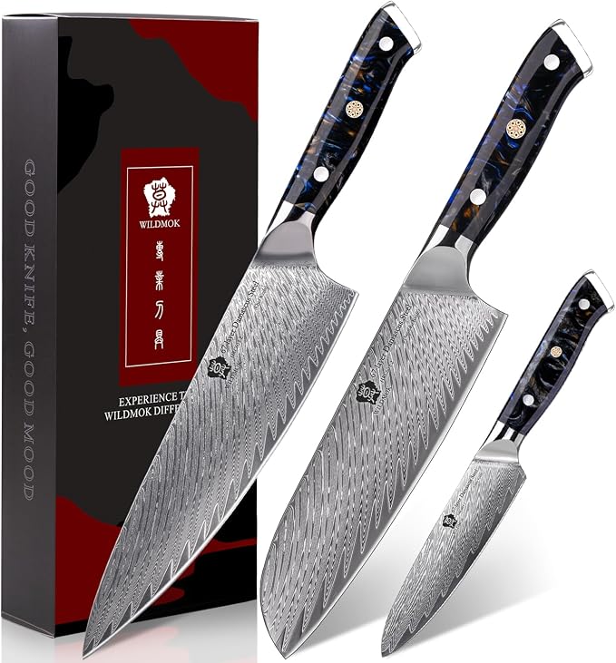 WILDMOK Damascus Kitchen Knife Sets 3 PCS, Japanese Kitchen Knife Set Damascus Steel Core, Ultra-Sharp Professional Chef Knife Set and Full Handle, Gift Box