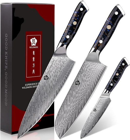 WILDMOK Damascus Kitchen Knife Sets 3 PCS, Japanese Kitchen Knife Set Damascus Steel Core, Ultra-Sharp Professional Chef Knife Set and Full Handle, Gift Box