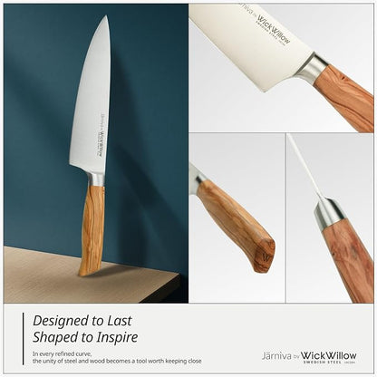 WICKWILLOW 8 Inch Chef Knife - Swedish Steel 14C28N with Italian Olive Wood Handle - Professional Kitchen Knife for Culinary Enthusiasts - Meat, Vegetables & Daily Prep - Gift Box - Jarniva Series