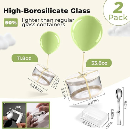 SAYAPE Glass Food Storage Containers with Airtight Lids, 33.8oz & 11.8oz High-Borosilicate Glass Meal Prep Containers with Spork, Bento Lunch Boxes for Salad, Ramen, Soup, Fruit - 2 Pack, White
