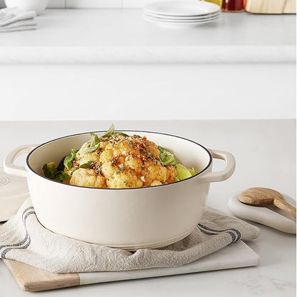 Amazon Basics Enameled Cast Iron Dutch Oven Pot with Lid, Round, Dual Handles, Heavy-Duty, Oven Safe for Stews, Roasting, Baking, 4.3-Quart, White