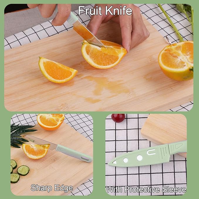 Magicorange Travel Cutting Board Set, 4 Pcs Portable Mini Camping Plastic Cutting Board Set & Stainless Steel Knife with Sheath, Fruits & Vegetable Peeler Scissors (Green)