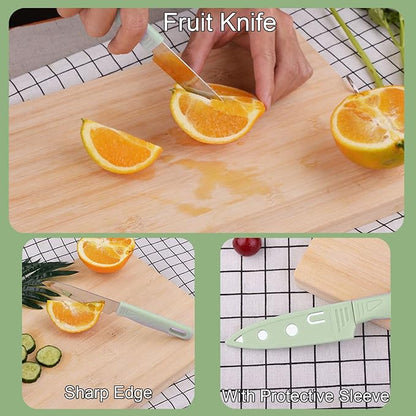 Magicorange Travel Cutting Board Set, 4 Pcs Portable Mini Camping Plastic Cutting Board Set & Stainless Steel Knife with Sheath, Fruits & Vegetable Peeler Scissors (Green)
