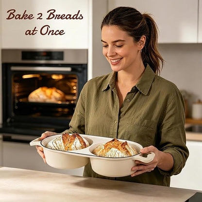 Dutch Oven For Sourdough Bread Baking – Enameled Cast Iron Dutch Oven Pot with Lid, Double Bread Loaf Pan – 500°F Oven Safe Non Stick Bread Pot for Homemade Bread, Meatloaf, Cake–Round Loaf Space, Even Heating– Cream White