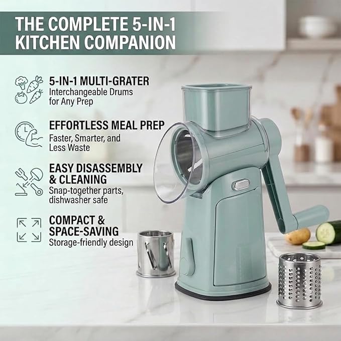 Rotary Cheese Grater Hand Crank, 5-Blade Shredder with Handle, Vegetable Slicer Mandoline Food Chopper, Strong Suction Base Kitchen Gadget for Cheese Vegetables Nuts – Green
