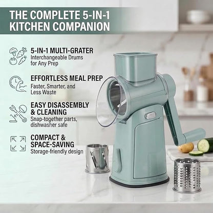 Rotary Cheese Grater Hand Crank, 5-Blade Shredder with Handle, Vegetable Slicer Mandoline Food Chopper, Strong Suction Base Kitchen Gadget for Cheese Vegetables Nuts – Green