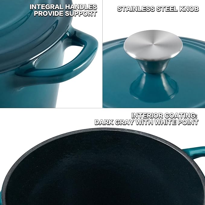Flavehc Dutch Oven Pot with Lid 1.8 Qt Cast Iron Dutch Oven for Bread Baking, DarkCyan Enameled Cast Iron Rice Pot, Small Deep Dutch Oven for Rice, Beans & Side Dishes