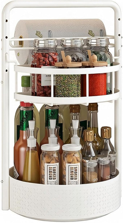 JEESA Rotating Spice Rack with Paper Towel Holder, White | 2 Tier Lazy Susan, Sturdy Iron, Seasoning Organizer, Kitchen Countertop