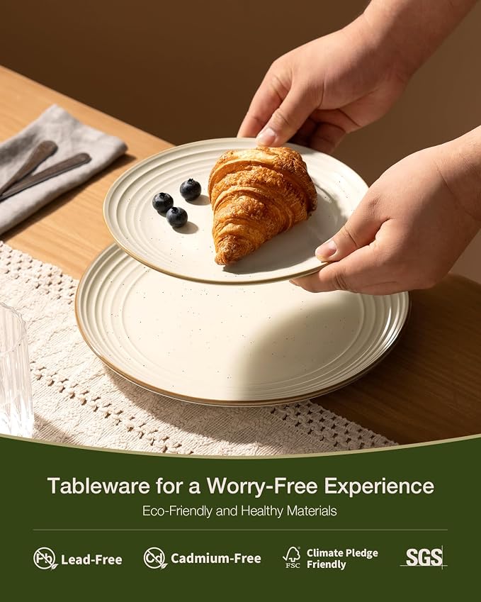 Famiware Jupiter 12-Piece Stoneware Dinnerware Set for 4, Handcrafted Plates and Bowls with Speckles & Embossed Swirls, Chip/Scratch Resistant, Microwave/Dishwasher Safe, Modern Dishes, Vanilla White