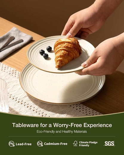 Famiware Jupiter 12-Piece Stoneware Dinnerware Set for 4, Handcrafted Plates and Bowls with Speckles & Embossed Swirls, Chip/Scratch Resistant, Microwave/Dishwasher Safe, Modern Dishes, Vanilla White