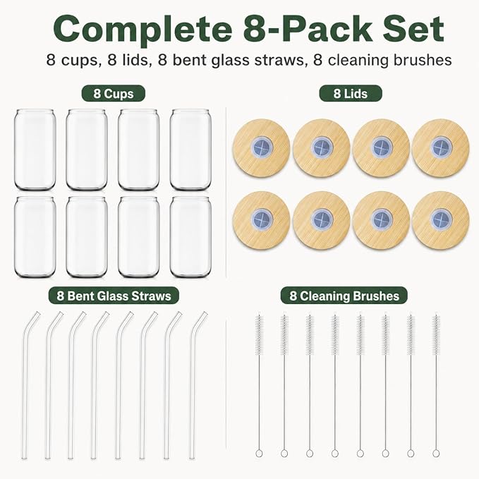Glass Cups with Lids and Straws Set of 8, 16 oz Can Glasses with Bamboo Lids and Glass Straws, Iced Coffee Cups for Coffee Bar, Cold Brew, Matcha, Soda and Daily Drinks