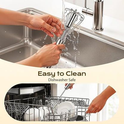 Upgraded Stainless Steel Semi-Automatic Whisk, Easy Push Hand Whisks for Eggs, Cream, Coffee & Light Mixing, Easy Clean Kitchen Whisk for Everyday Cooking (10in)