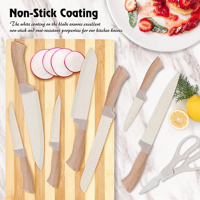 Knife Set, 15 Pcs Khaki Kitchen Knife Set for Home, Granite Nonstick Ceramic Coating, Stainless Steel Sharp Chef Knife Sets with Block, Wood Grain Handle, Ergonomic Non-slip Handle Knife Block Set