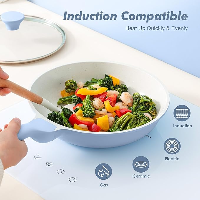 SENSARTE Nonstick Ceramic Frying Pan with Lid 12.5 Inch Cooking Pan Skillet, Free of Intentionally Added PFAS/PTFE Non-toxic Chef's Pan Induction Compatible Pan, Heat Resistant Handle, Glacier Blue