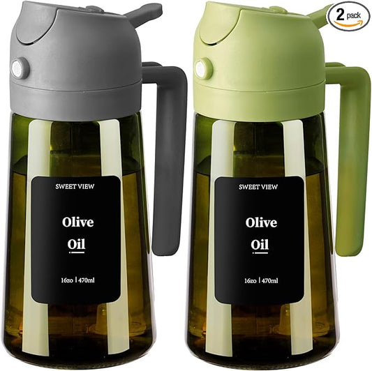 SWEET VIEW 2PCS Olive Oil Dispenser and Oil Sprayer – 16oz/470ml Glass Light-Proof Oil Pourer for Kitchen Air Fryer, Cooking, Salad, and BBQ, with Stickers
